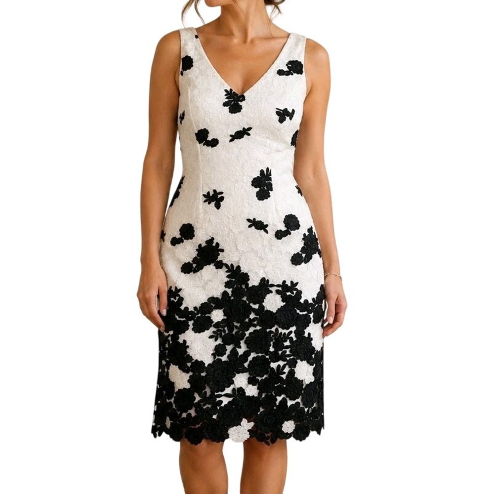 Hailey Adrianna Papell Ivory Black Floral Appliqué Cocktail Dress Bow Back...